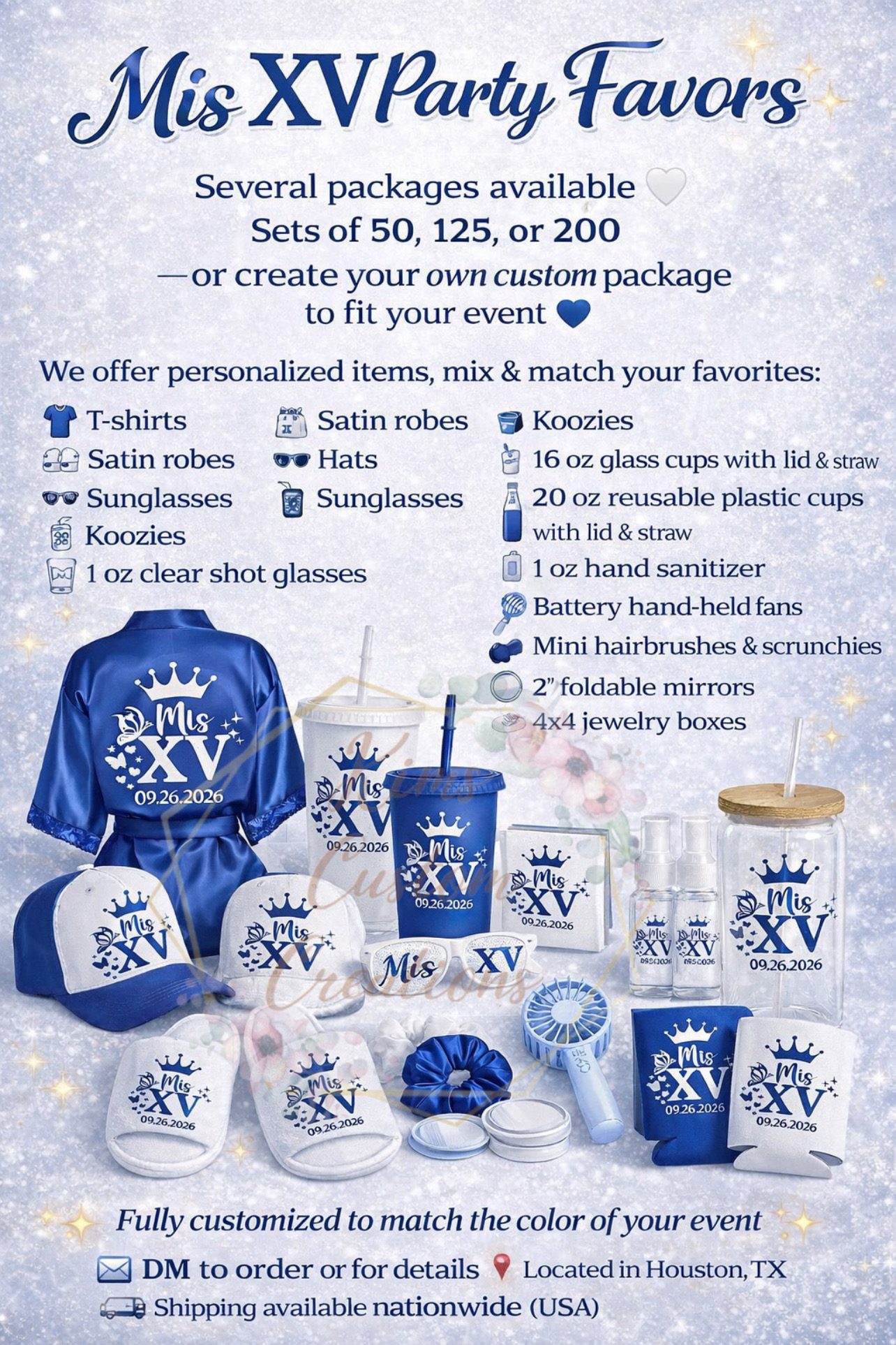 Blue and white Mis XV quinceanera party favor package with personalized satin robe, caps, tumblers, koozies, slippers, and sunglasses by Kreations by K Designs