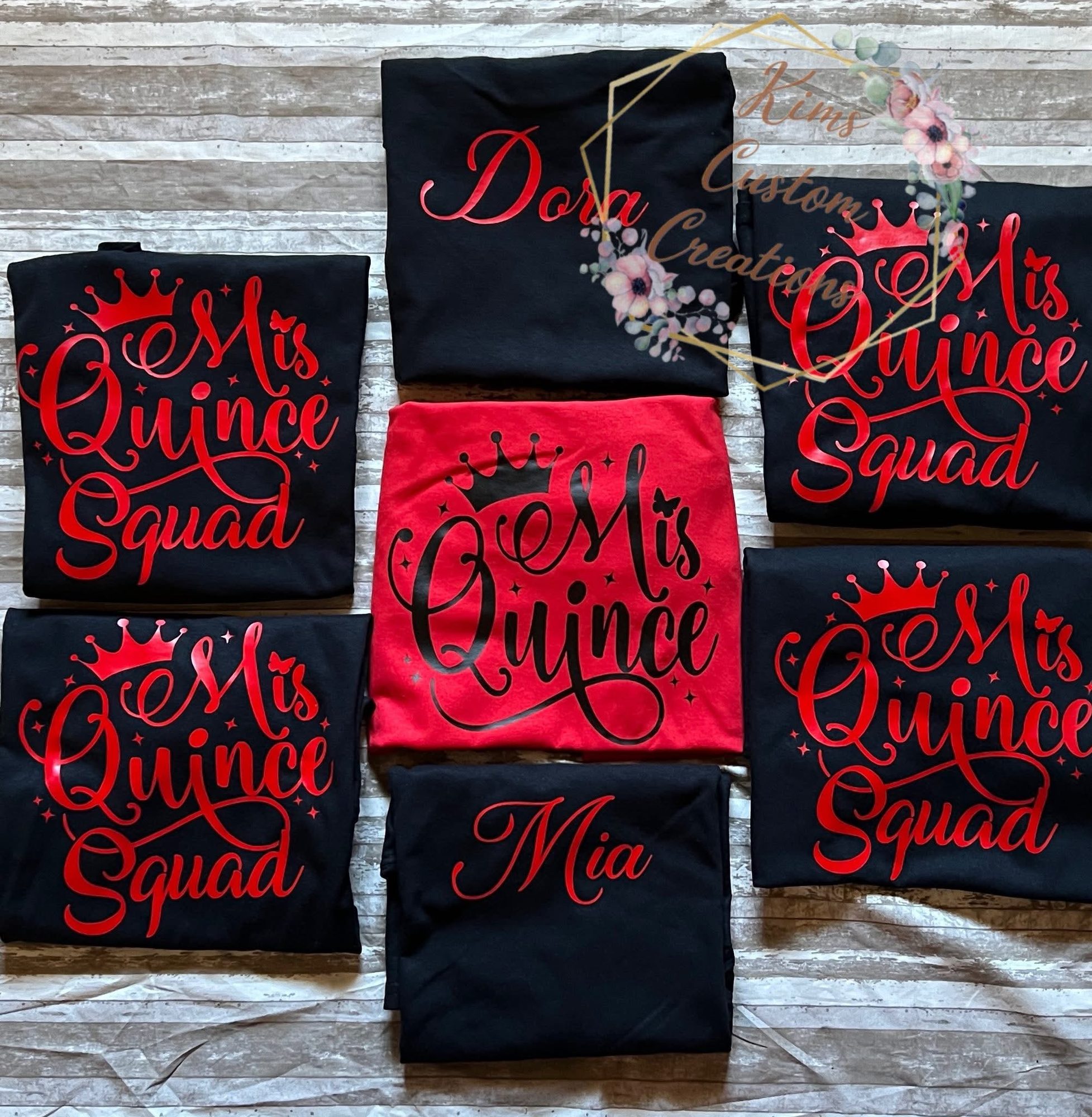 Mis Quince Squad t-shirts in black and red with personalized names for the quinceanera and her court