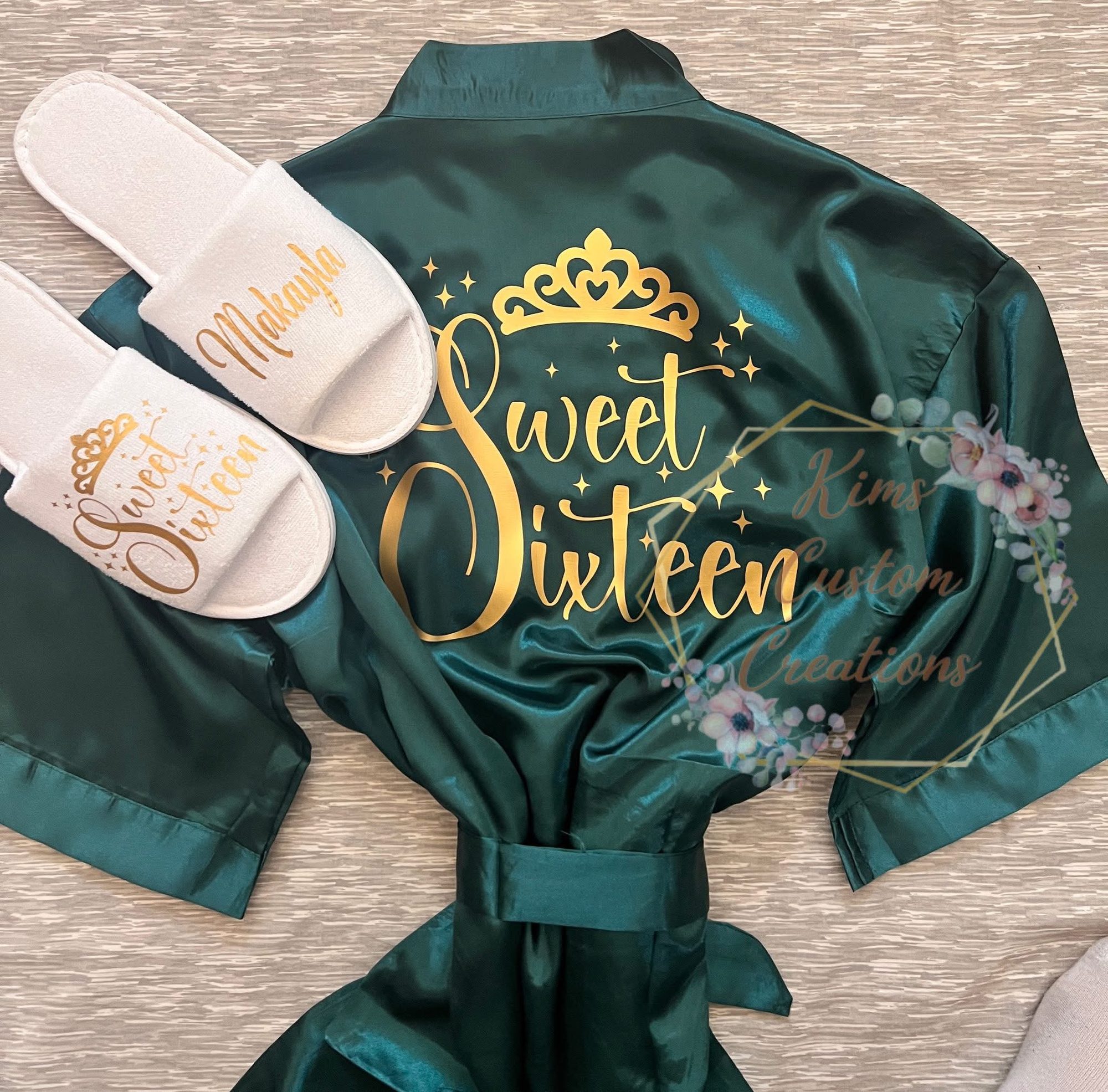 Emerald green satin Sweet Sixteen robe in gold lettering with matching personalized slippers