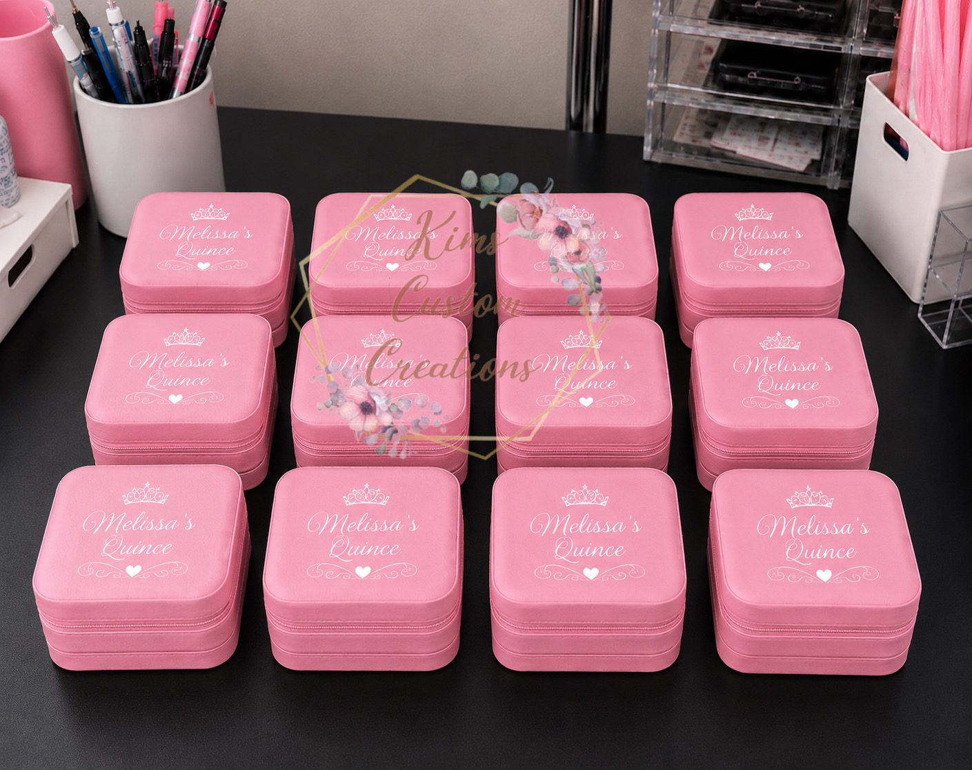 Pink personalized zippered jewelry boxes with tiara design for quinceanera party favors