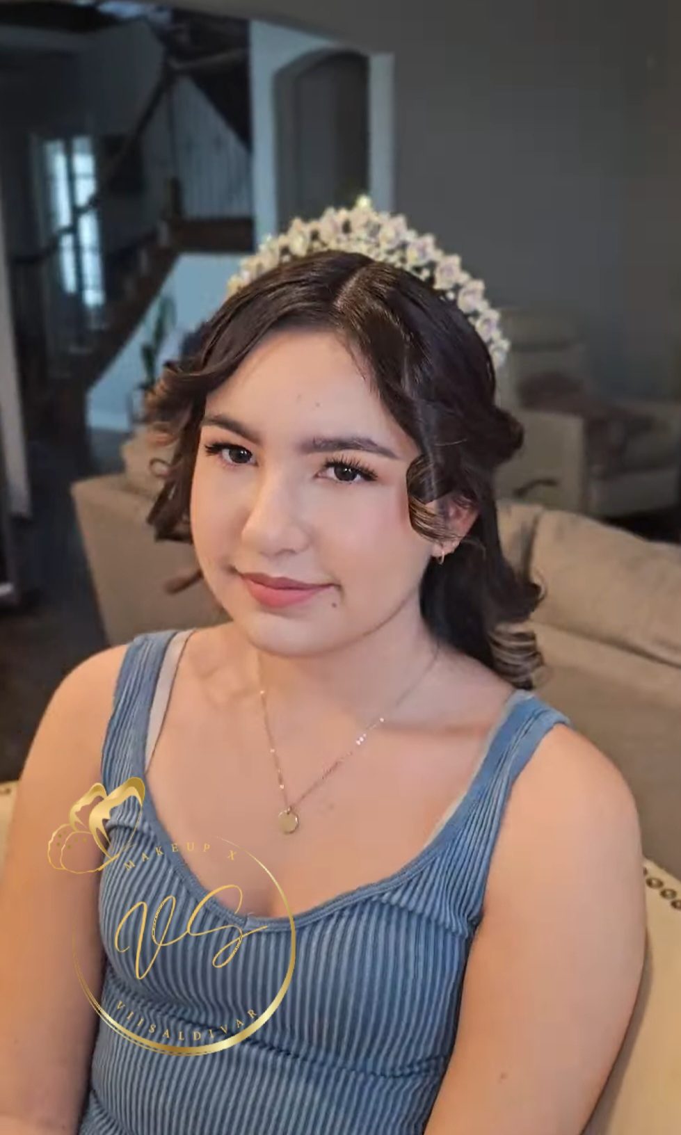 Natural soft glam quinceanera makeup with vintage curls and a floral crown by Makeup X Viisaldivar